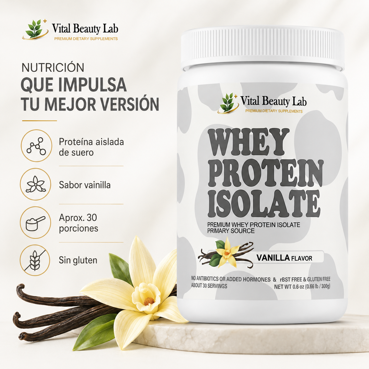 Vital Beauty Lab Aislado de Proteína de Suero Protein Isolate (300g en Polvo) – Crecimiento Muscular