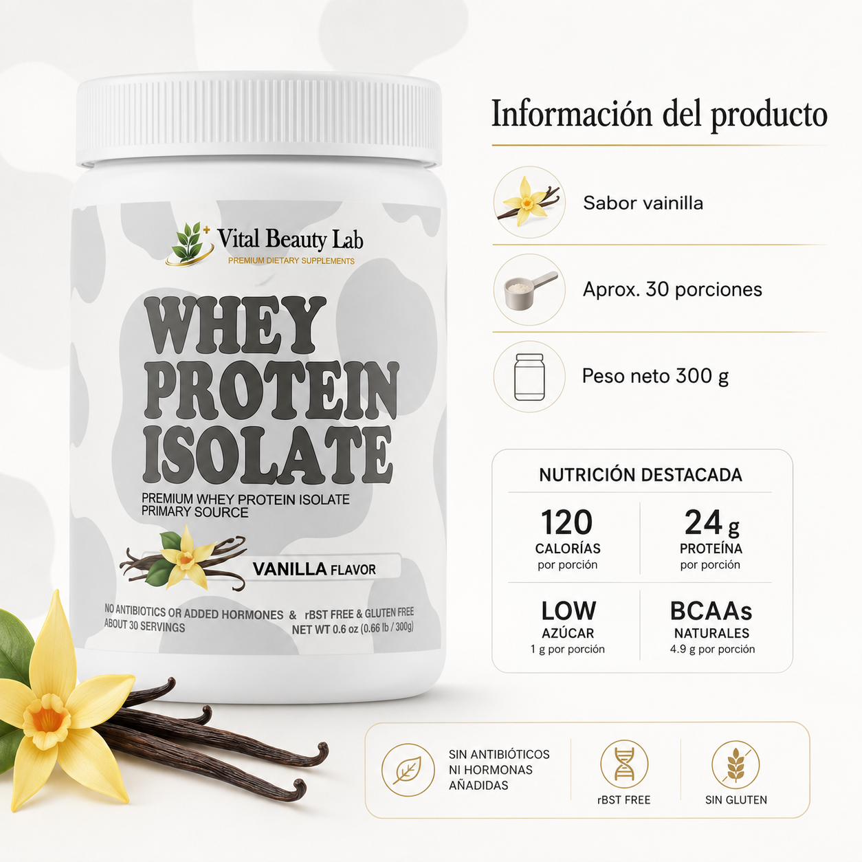 Vital Beauty Lab Aislado de Proteína de Suero Protein Isolate (300g en Polvo) – Crecimiento Muscular