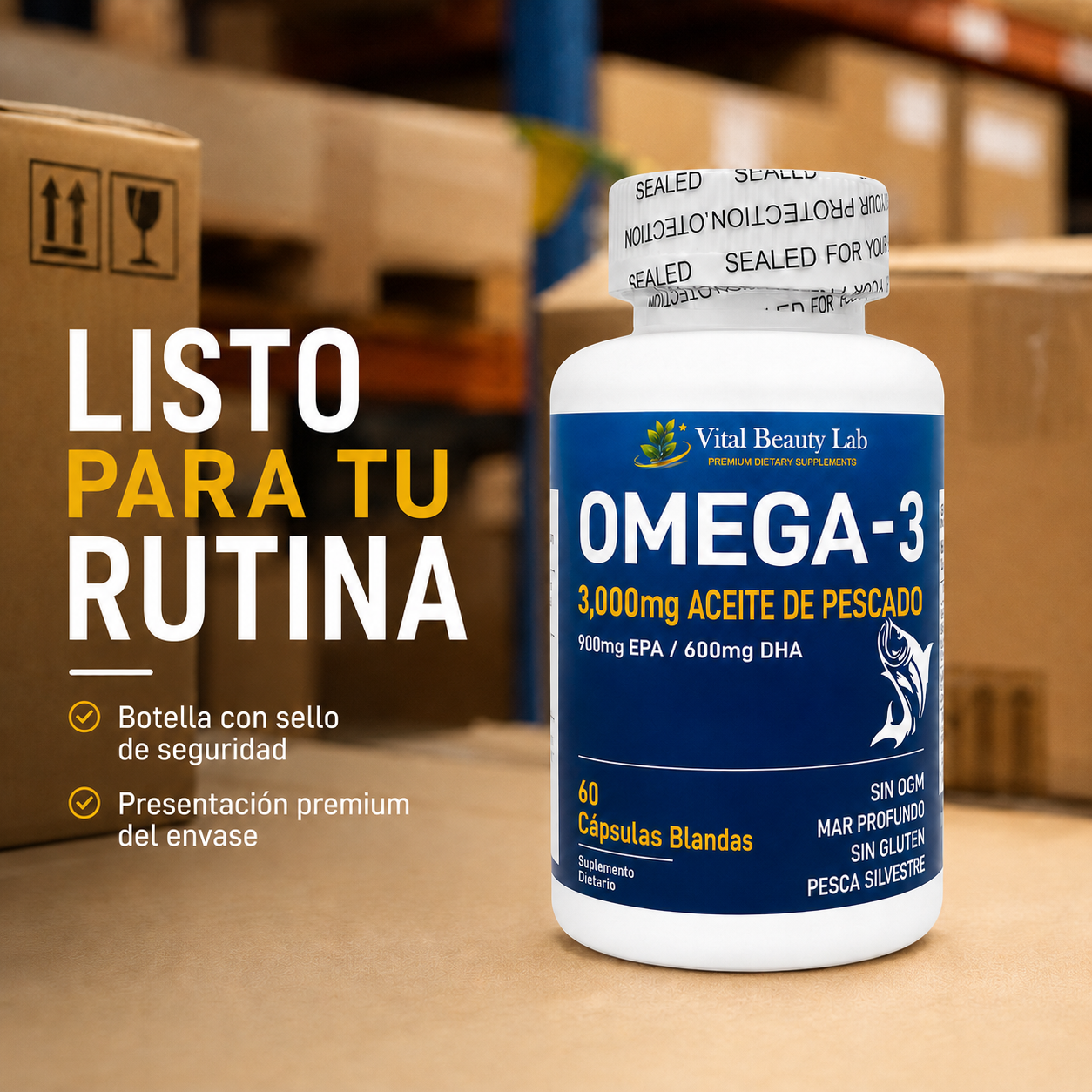 VitalBeautyLab Omega-3 Fish Oil 3000 mg 60 Softgels, Aceite de Pescado con EPA DHA para Corazón, Cerebro y Visión
