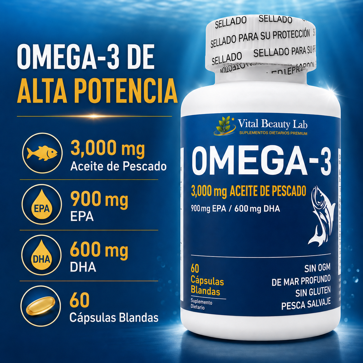 VitalBeautyLab Omega-3 Fish Oil 3000 mg 60 Softgels, Aceite de Pescado con EPA DHA para Corazón, Cerebro y Visión