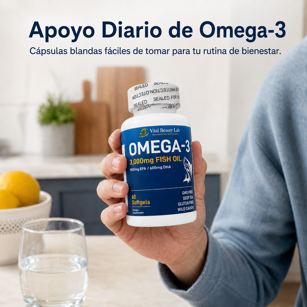 VitalBeautyLab Omega-3 Fish Oil 3000 mg 60 Softgels, Aceite de Pescado con EPA DHA para Corazón, Cerebro y Visión