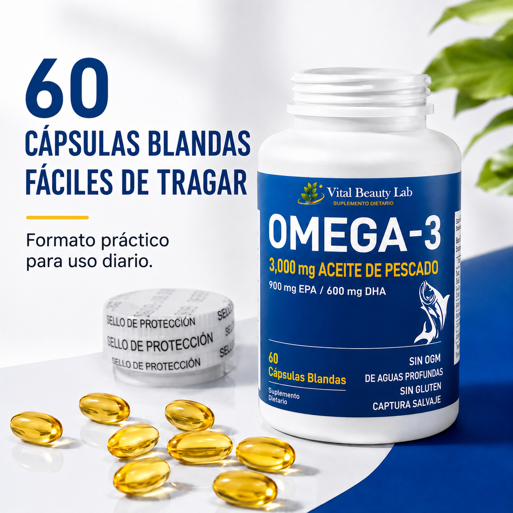 VitalBeautyLab Omega-3 Fish Oil 3000 mg 60 Softgels, Aceite de Pescado con EPA DHA para Corazón, Cerebro y Visión