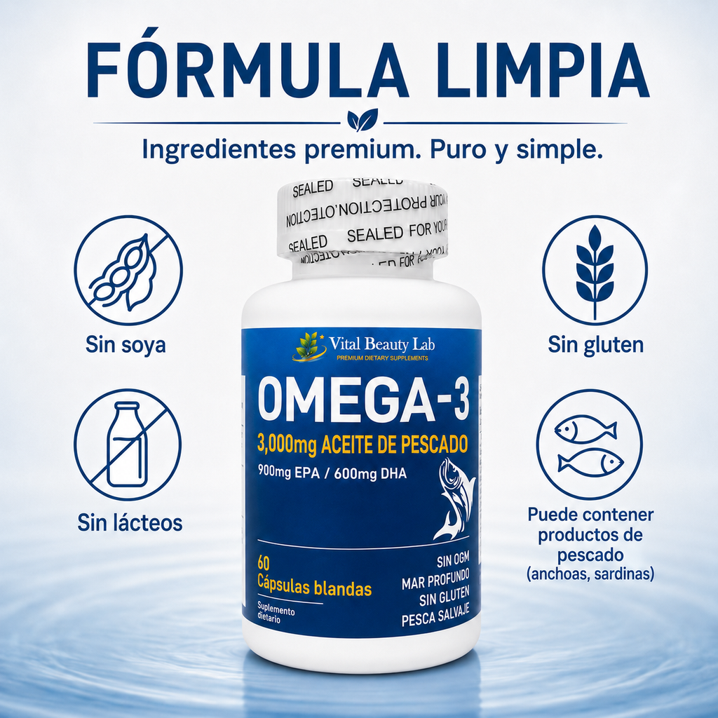 VitalBeautyLab Omega-3 Fish Oil 3000 mg 60 Softgels, Aceite de Pescado con EPA DHA para Corazón, Cerebro y Visión