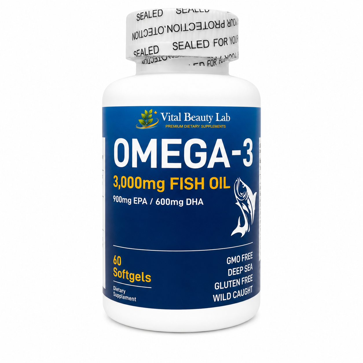 VitalBeautyLab Omega-3 Fish Oil 3000 mg 60 Softgels, Aceite de Pescado con EPA DHA para Corazón, Cerebro y Visión