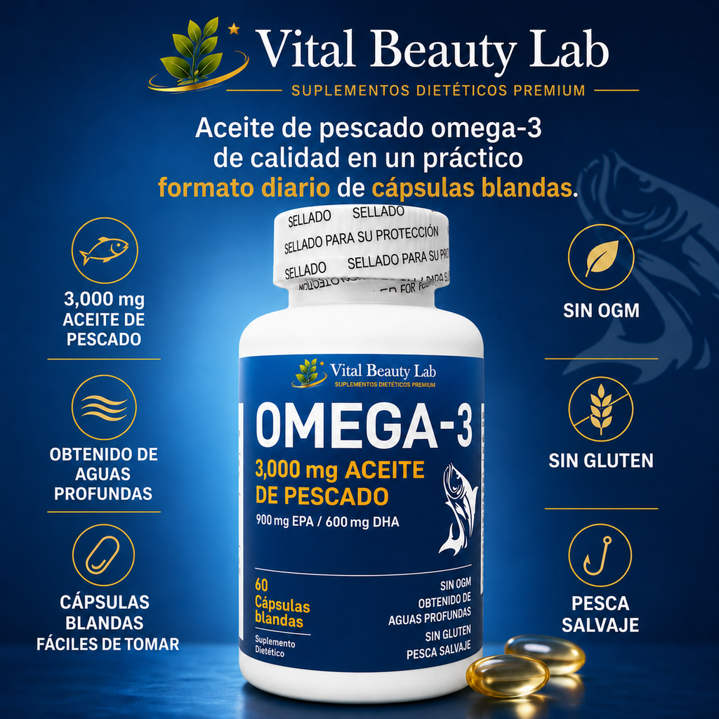 VitalBeautyLab Omega-3 Fish Oil 3000 mg 60 Softgels, Aceite de Pescado con EPA DHA para Corazón, Cerebro y Visión