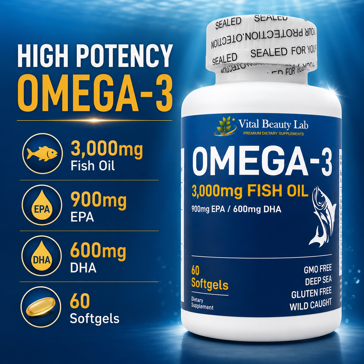 VitalBeautyLab Omega-3 Fish Oil 3000 mg 60 Softgels, Aceite de Pescado con EPA DHA para Corazón, Cerebro y Visión