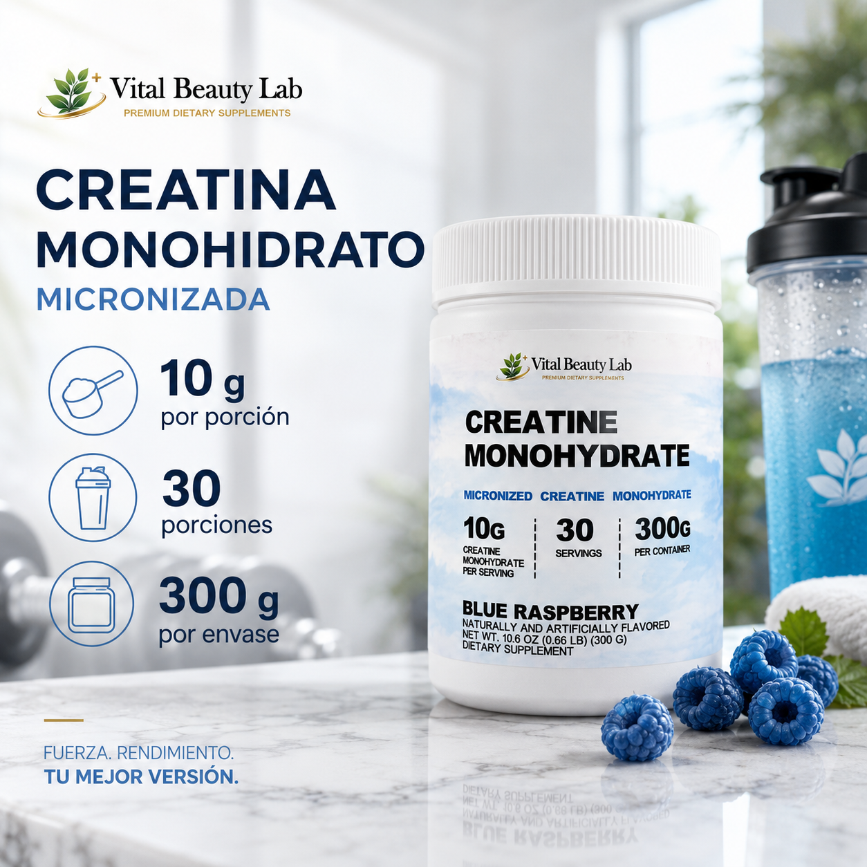 Vital Beauty Lab Creatina Monohidrato Micronizada (300g en Polvo) – Fuerza y Masa Muscular