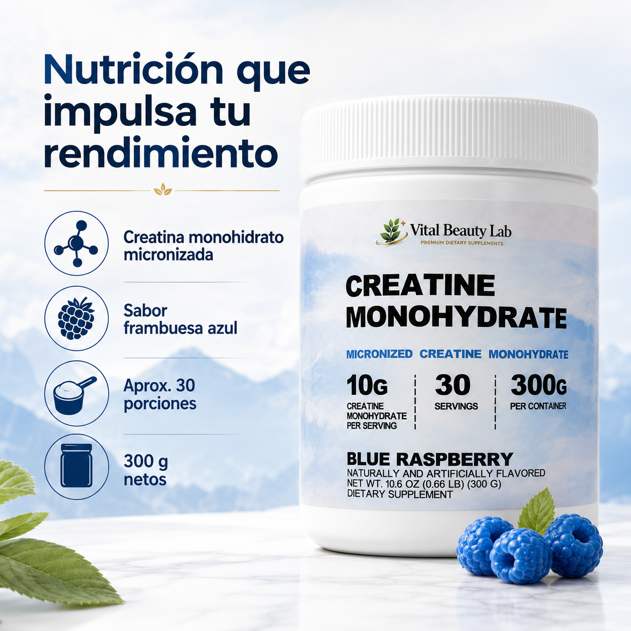 Vital Beauty Lab Creatina Monohidrato Micronizada (300g en Polvo) – Fuerza y Masa Muscular