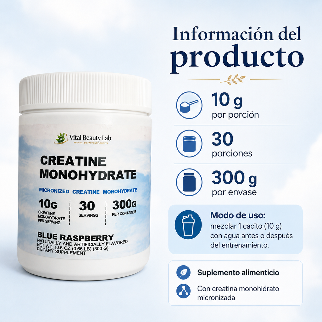 Vital Beauty Lab Creatina Monohidrato Micronizada (300g en Polvo) – Fuerza y Masa Muscular