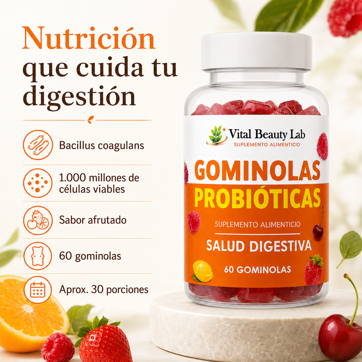 Vital Beauty Lab Probióticos + Vitamina C Gummies (60 Gominolas) – Salud Intestinal y Digestiva