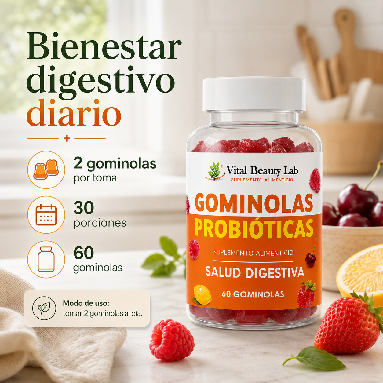 Vital Beauty Lab Probióticos + Vitamina C Gummies (60 Gominolas) – Salud Intestinal y Digestiva