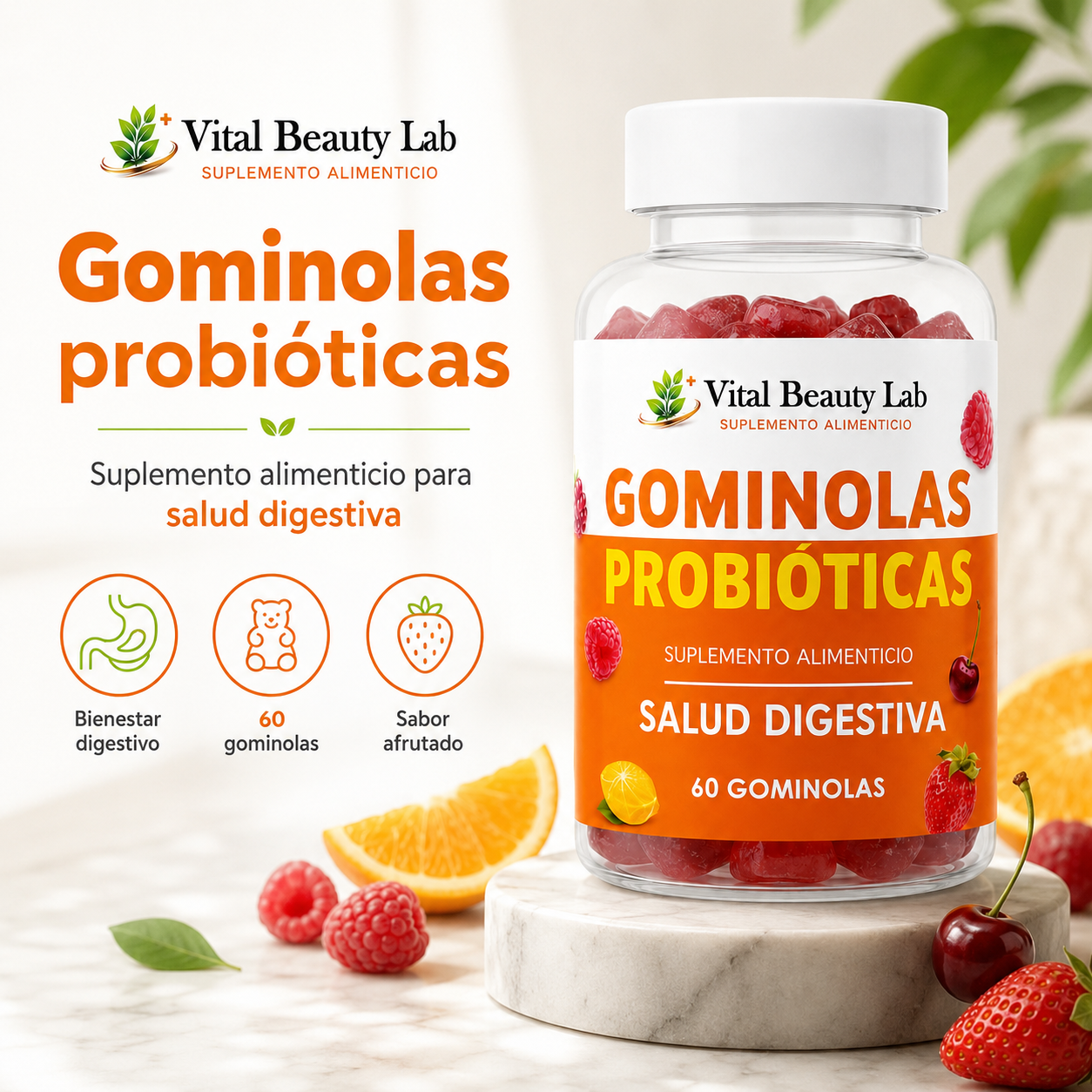 Vital Beauty Lab Probióticos + Vitamina C Gummies (60 Gominolas) – Salud Intestinal y Digestiva