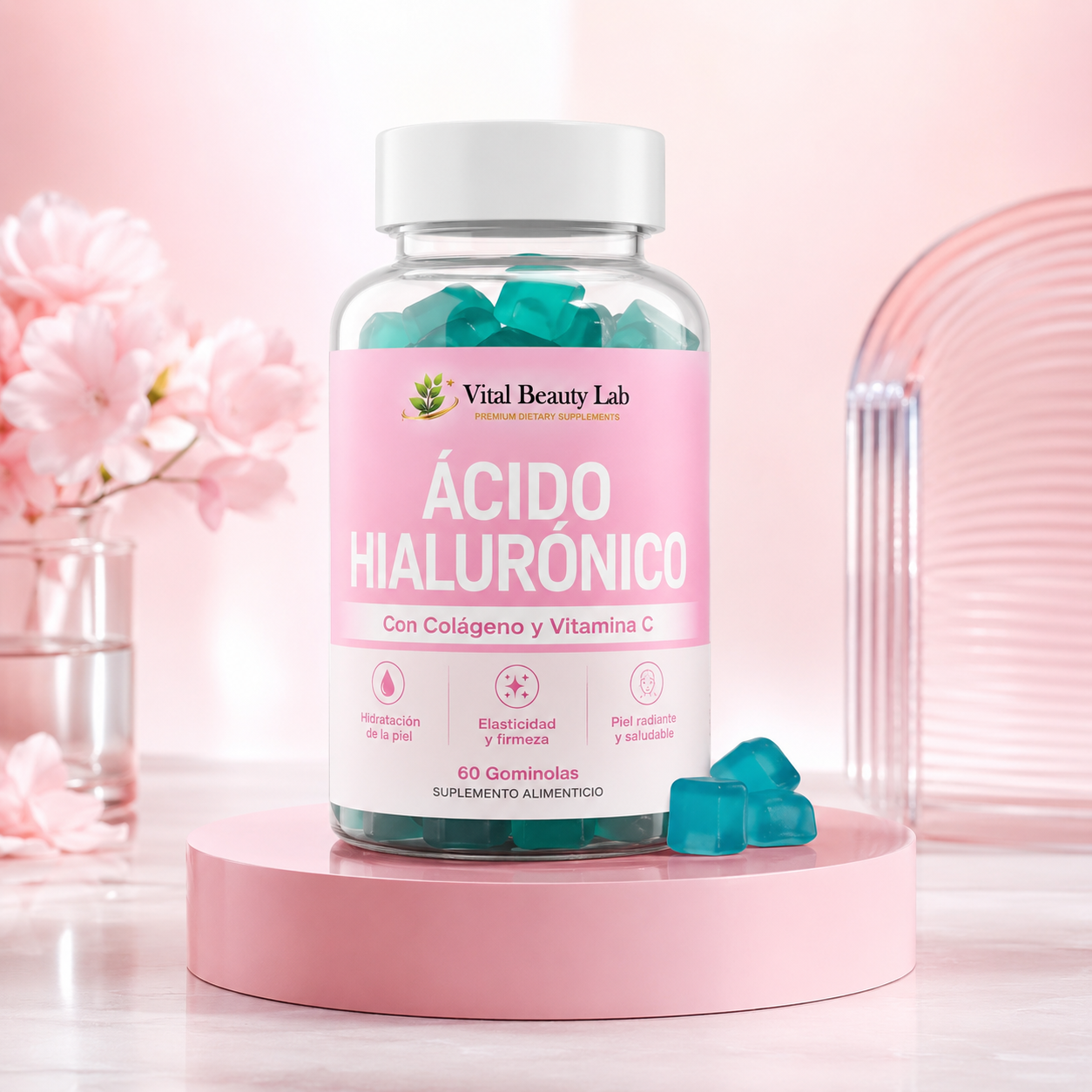 Vital Beauty Lab Ácido Hialurónico Gummies (60 Gominolas) – Con Colágeno y Vitamina C para Piel y Cabello