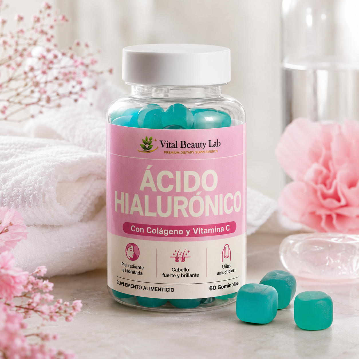 Vital Beauty Lab Ácido Hialurónico Gummies (60 Gominolas) – Con Colágeno y Vitamina C para Piel y Cabello
