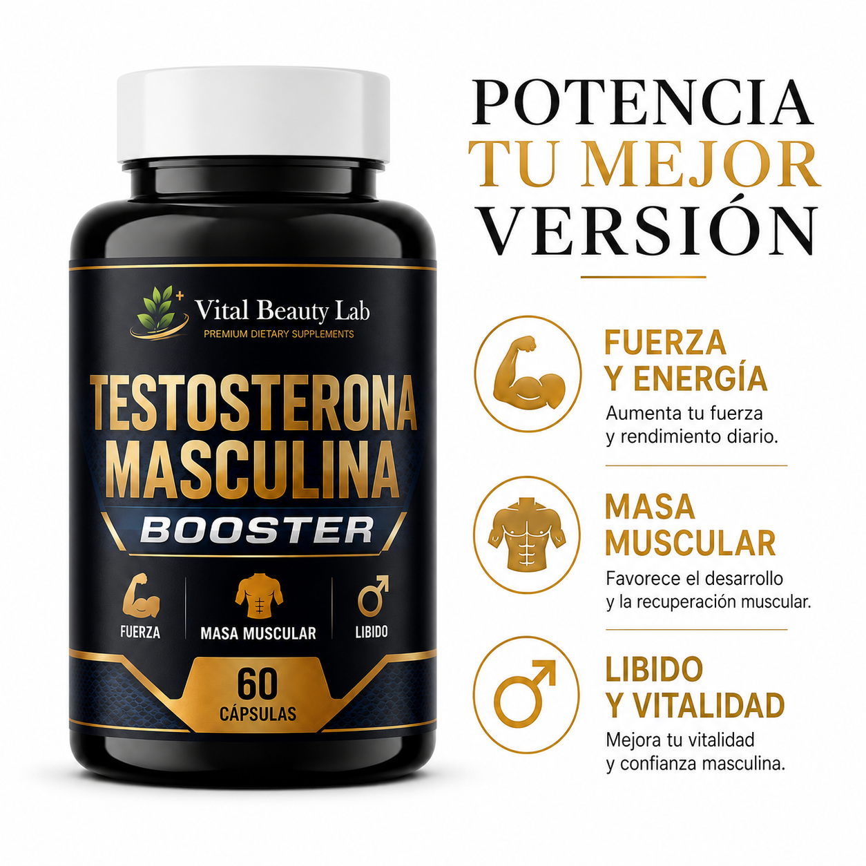 Vital Beauty Lab Testosterona Masculina Booster (60 Cápsulas) – Fuerza, Masa Muscular y Libido
