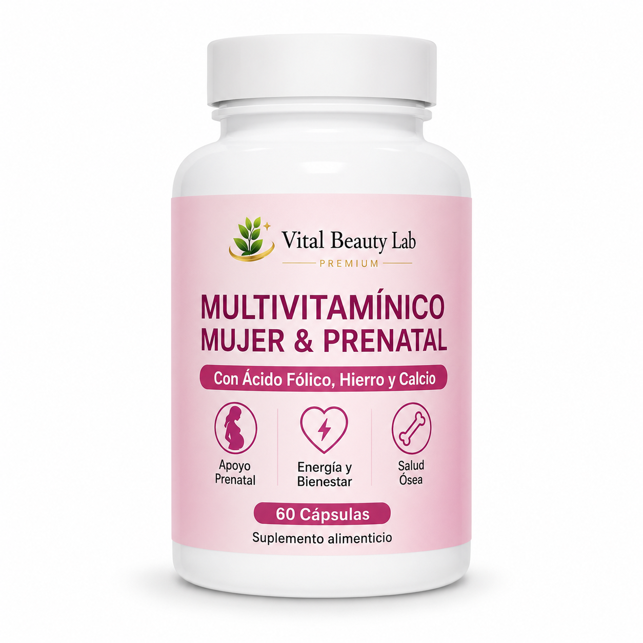 Vital Beauty Lab Multivitamínico Mujer & Prenatal (60 Cápsulas) – Con Ácido Fólico, Hierro y Calcio