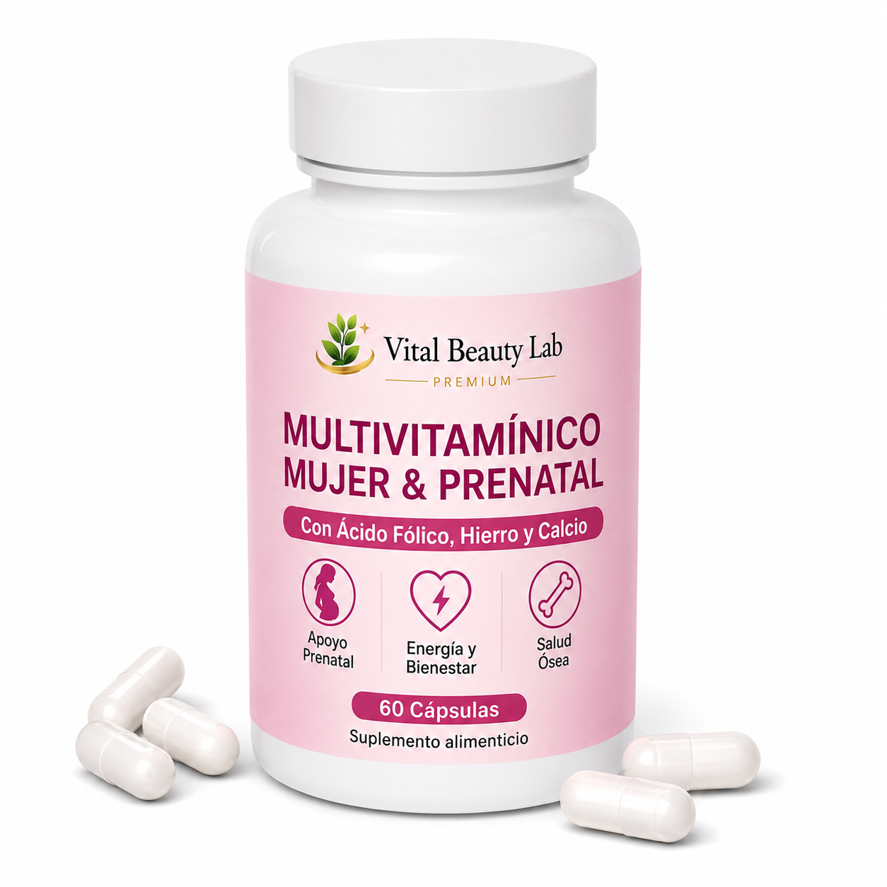 Vital Beauty Lab Multivitamínico Mujer & Prenatal (60 Cápsulas) – Con Ácido Fólico, Hierro y Calcio
