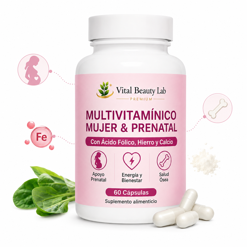Vital Beauty Lab Multivitamínico Mujer & Prenatal (60 Cápsulas) – Con Ácido Fólico, Hierro y Calcio