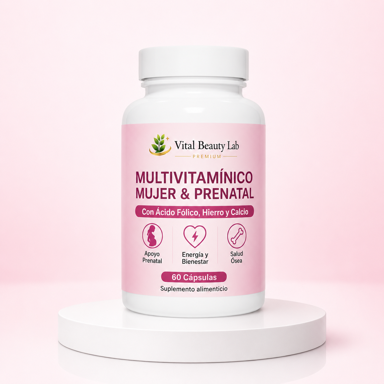 Vital Beauty Lab Multivitamínico Mujer & Prenatal (60 Cápsulas) – Con Ácido Fólico, Hierro y Calcio