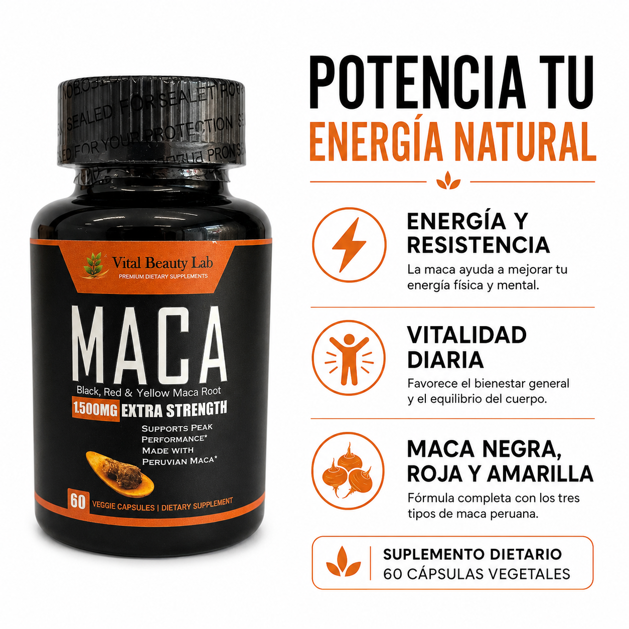 Vital Beauty Lab Maca Complex (60 Cápsulas) – Vitalidad, Energía, Libido y Equilibrio Hormonal