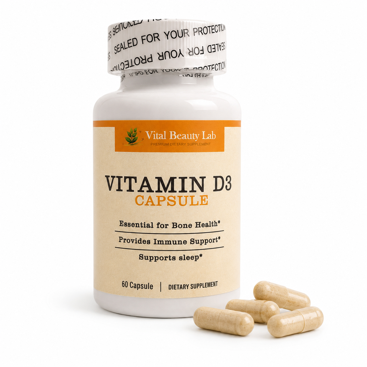 Vital Beauty Lab Vitamina D3 (60 Cápsulas) – Sistema Inmune, Huesos Fuertes y Descanso