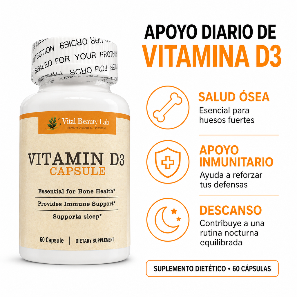 Vital Beauty Lab Vitamina D3 (60 Cápsulas) – Sistema Inmune, Huesos Fuertes y Descanso