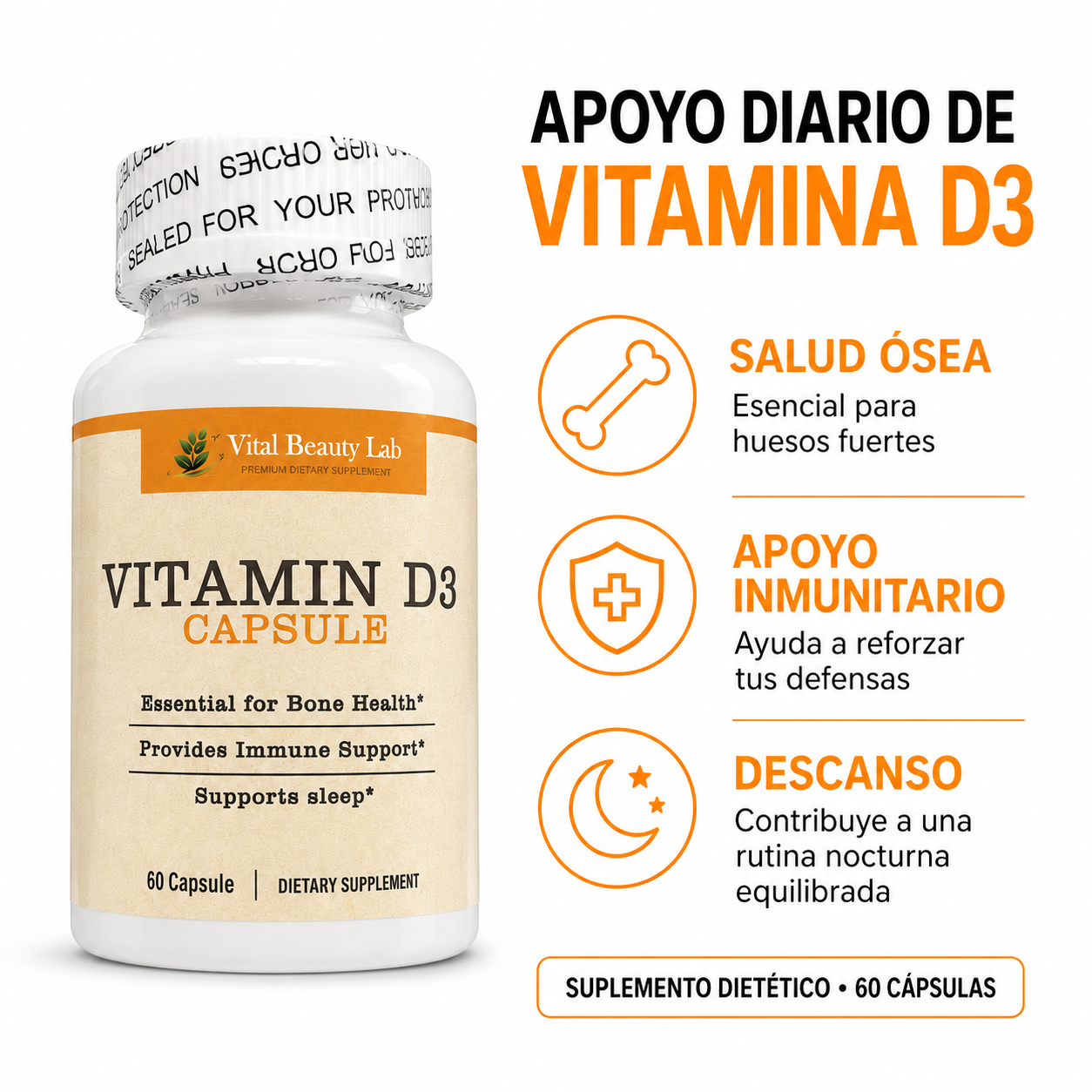 Vital Beauty Lab Vitamina D3 (60 Cápsulas) – Sistema Inmune, Huesos Fuertes y Descanso