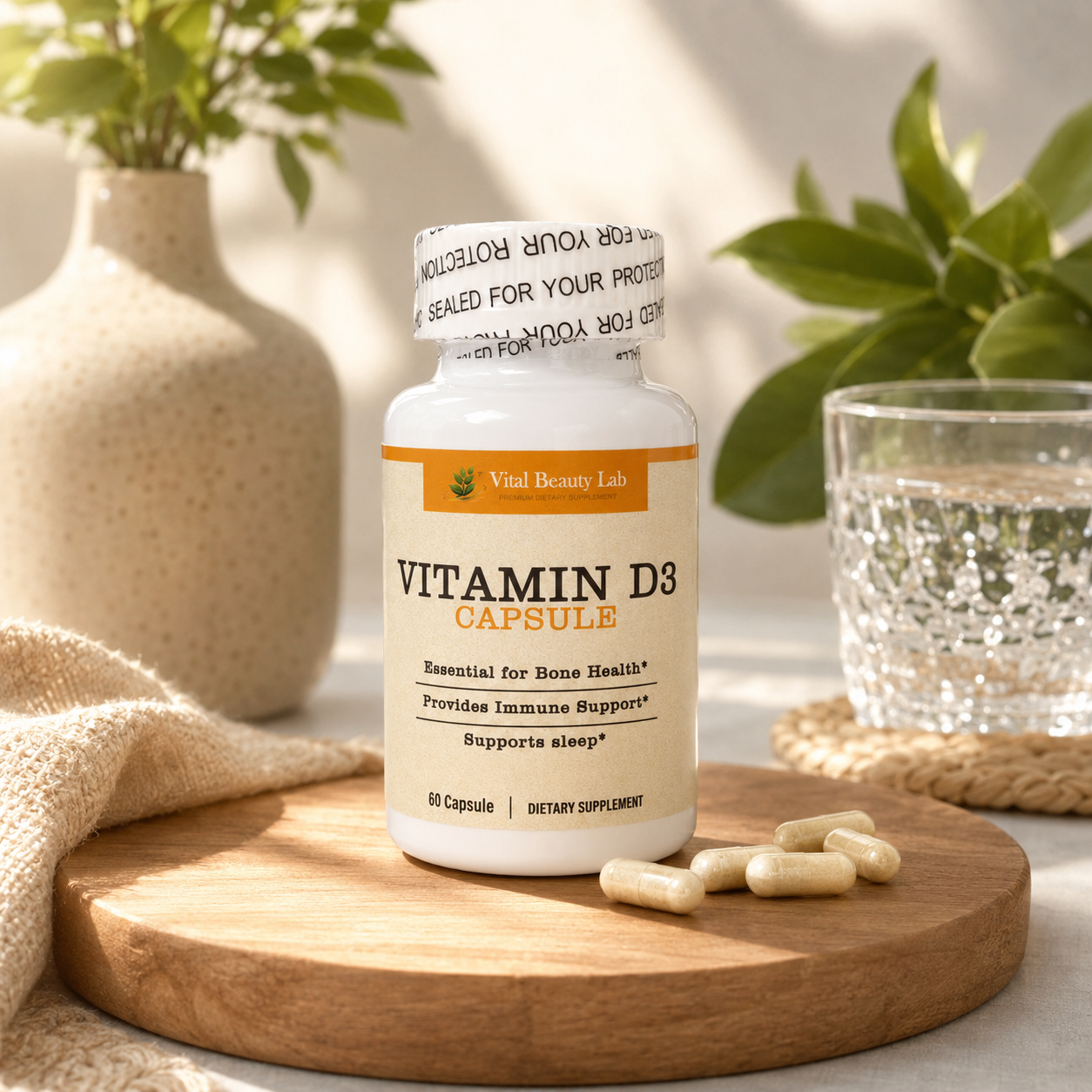 Vital Beauty Lab Vitamina D3 (60 Cápsulas) – Sistema Inmune, Huesos Fuertes y Descanso
