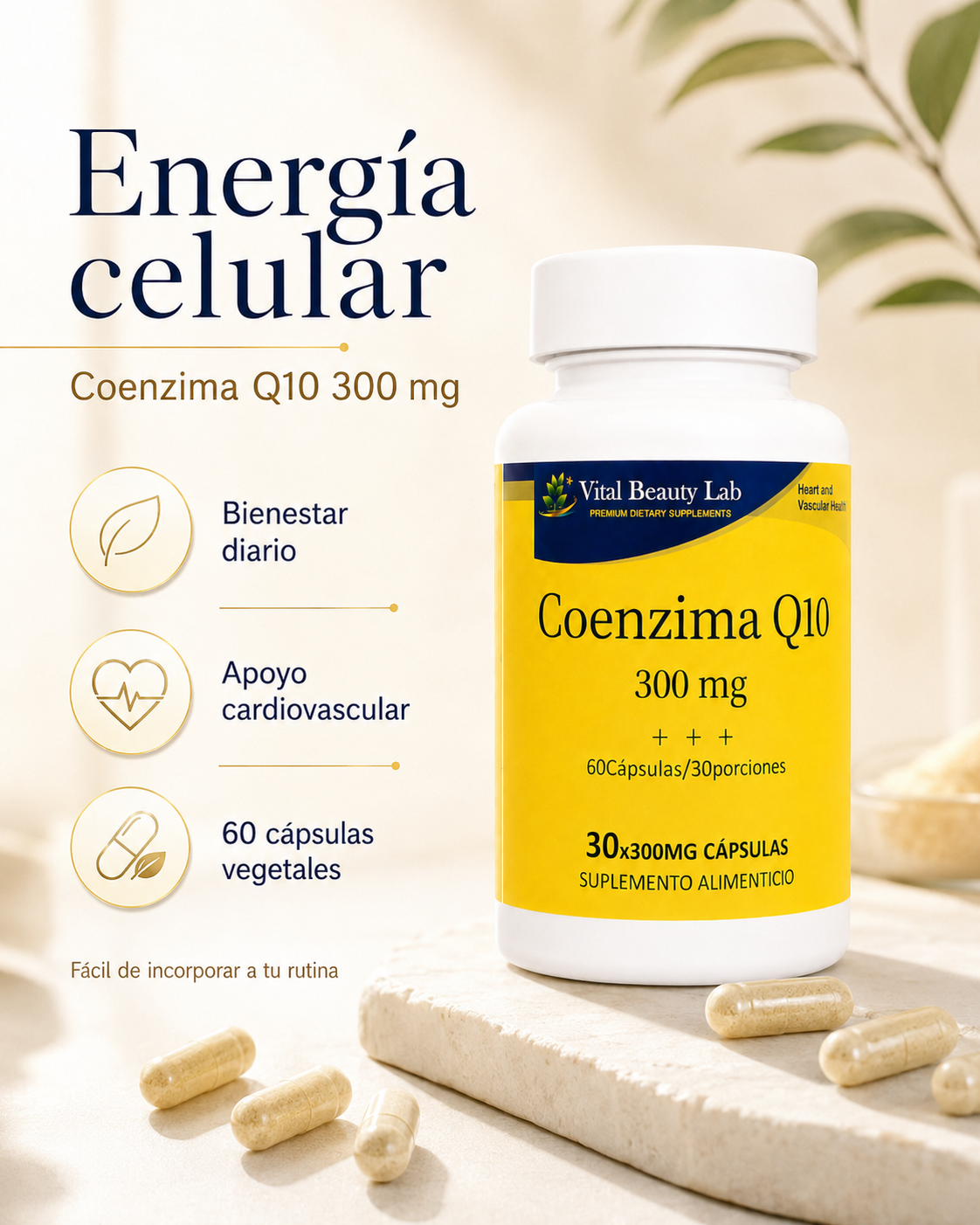 Vital Beauty Lab Coenzima Q10 300 mg (60 Cápsulas Vegetales) – Salud Cardiovascular y Energía Celular