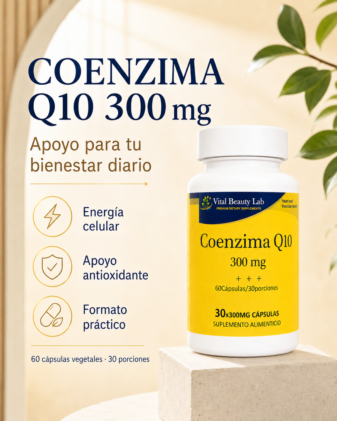 Vital Beauty Lab Coenzima Q10 300 mg (60 Cápsulas Vegetales) – Salud Cardiovascular y Energía Celular