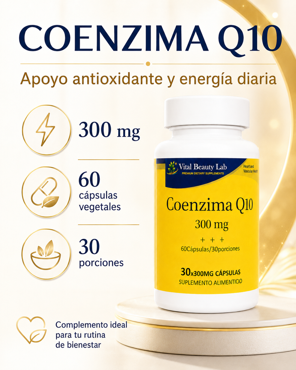 Vital Beauty Lab Coenzima Q10 300 mg (60 Cápsulas Vegetales) – Salud Cardiovascular y Energía Celular