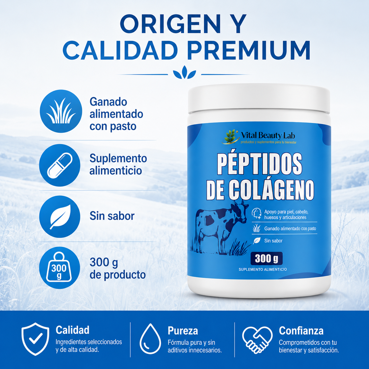 VitalBeautyLab Colágeno Hidrolizado en Polvo 300 g Sin Sabor, Collagen Peptides Grass Fed para Piel, Cabello, Uñas, Huesos y Articulaciones