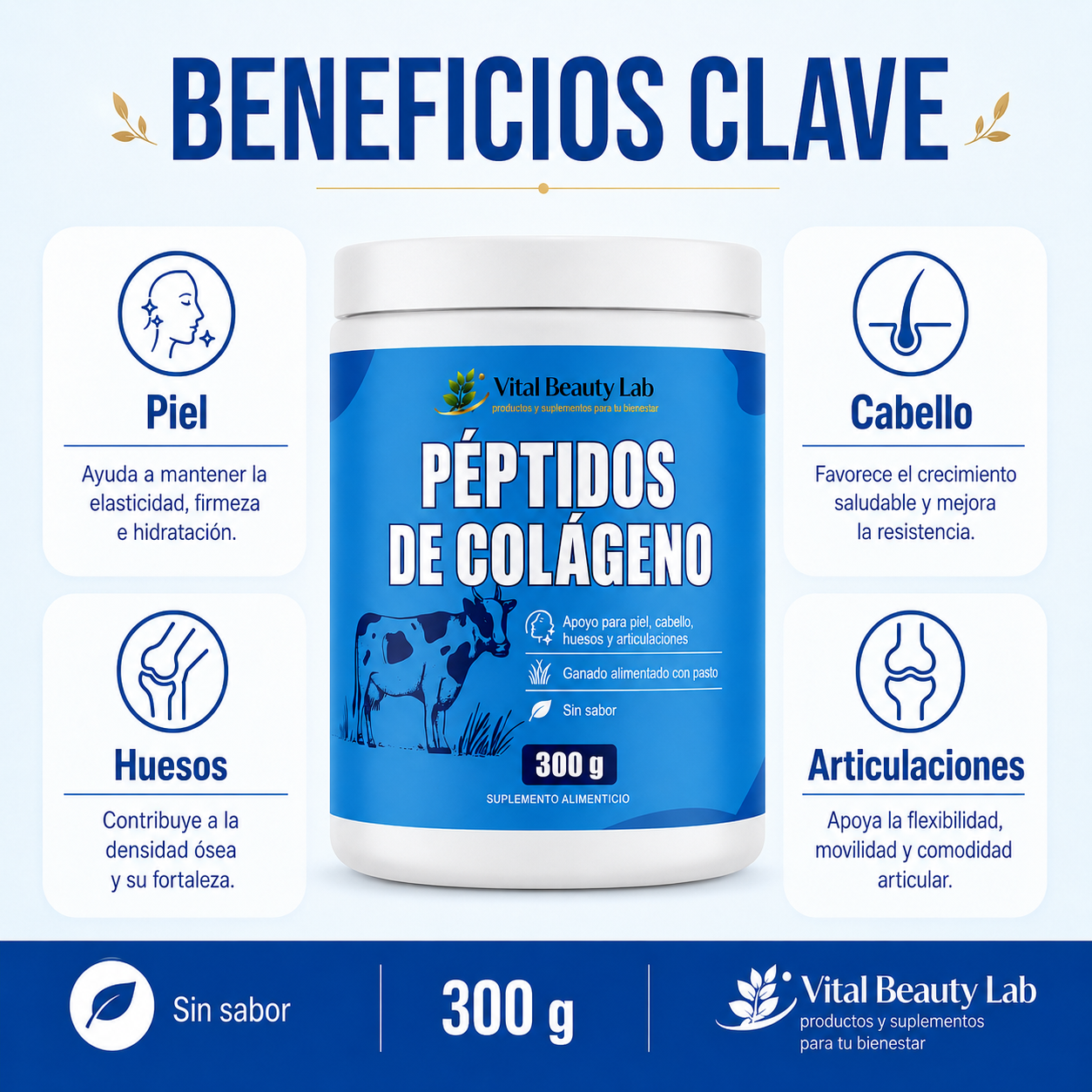 Vital Beauty Lab Colágeno Hidrolizado en Polvo (300g) – Piel, Cabello, Uñas y Articulaciones