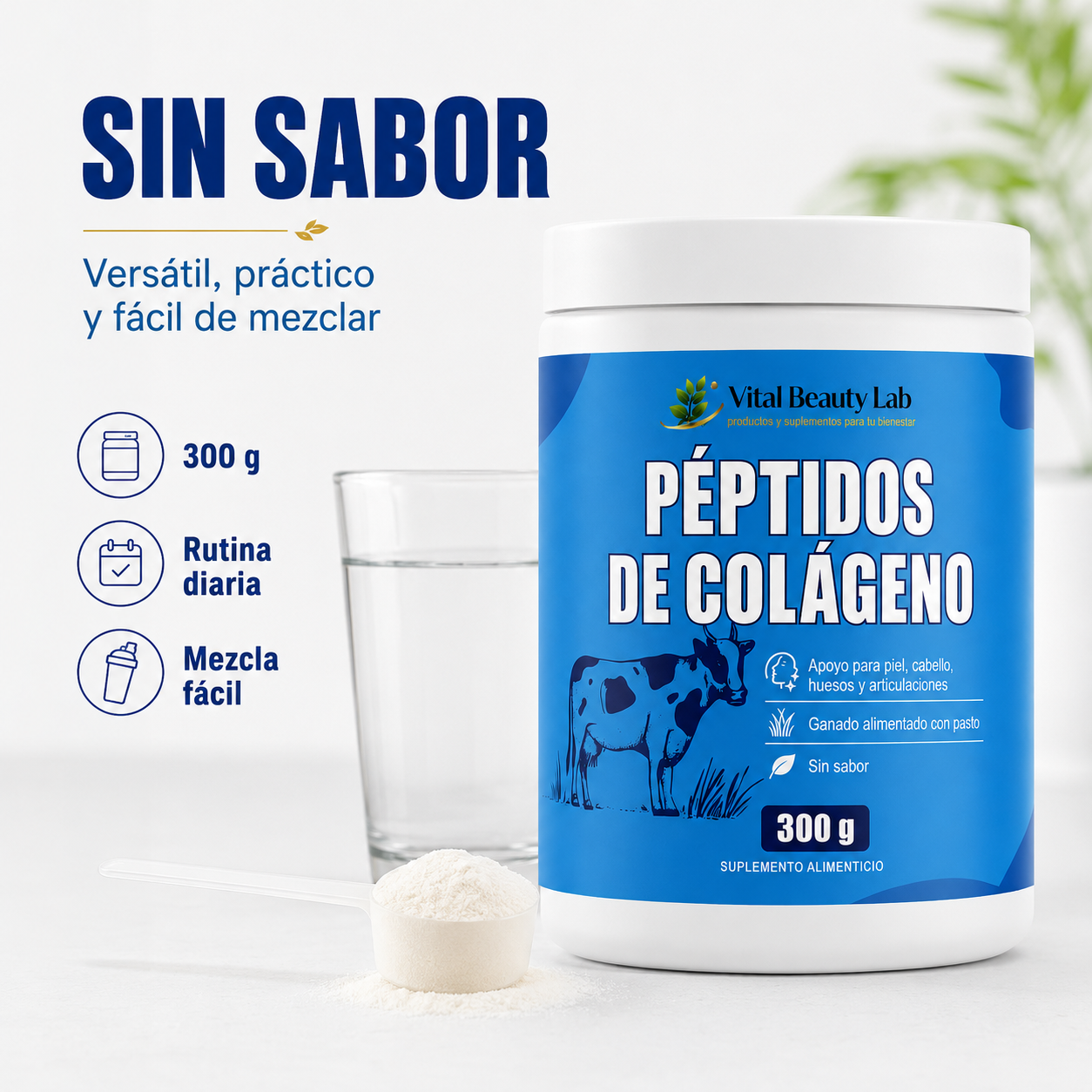 VitalBeautyLab Colágeno Hidrolizado en Polvo 300 g Sin Sabor, Collagen Peptides Grass Fed para Piel, Cabello, Uñas, Huesos y Articulaciones