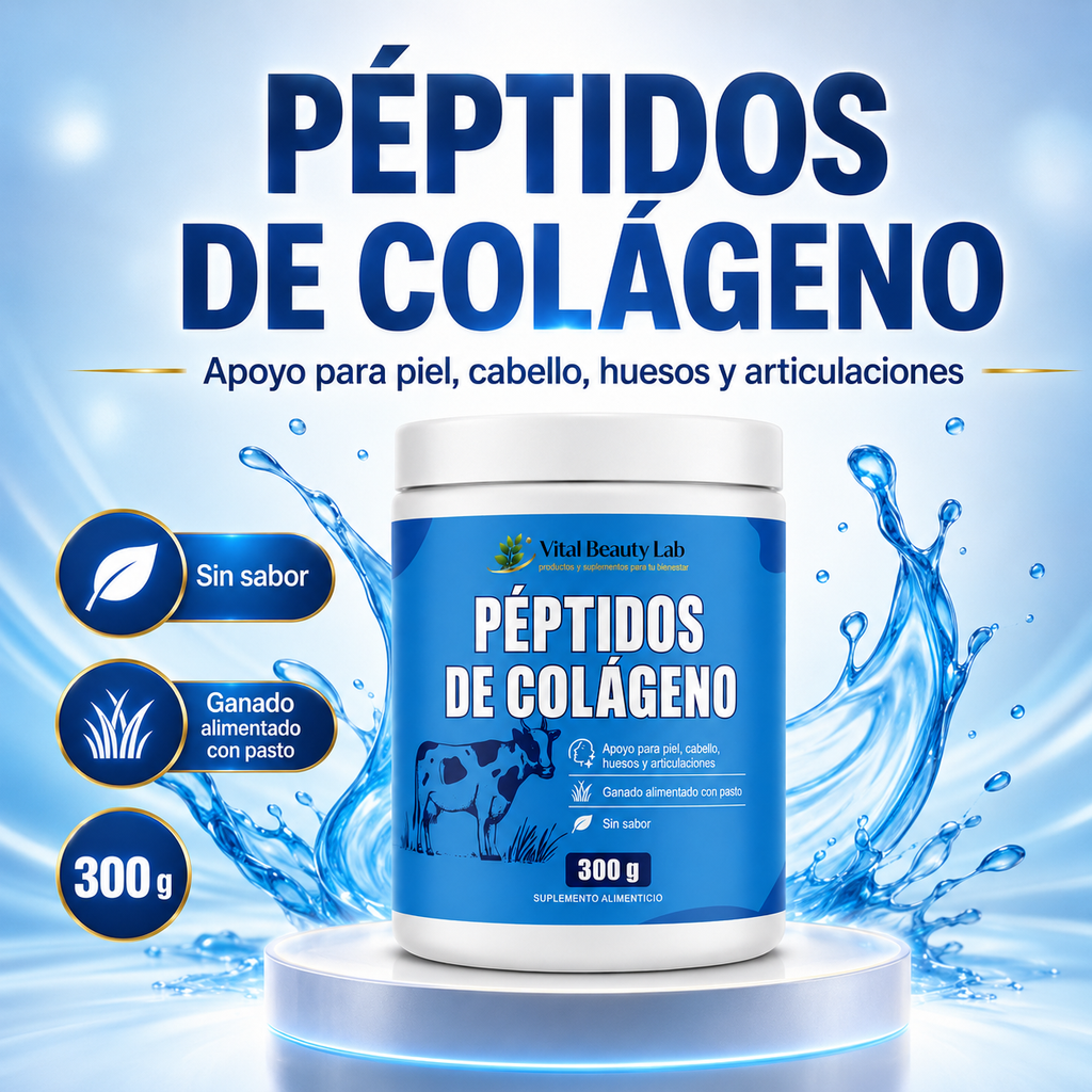 VitalBeautyLab Colágeno Hidrolizado en Polvo 300 g Sin Sabor, Collagen Peptides Grass Fed para Piel, Cabello, Uñas, Huesos y Articulaciones