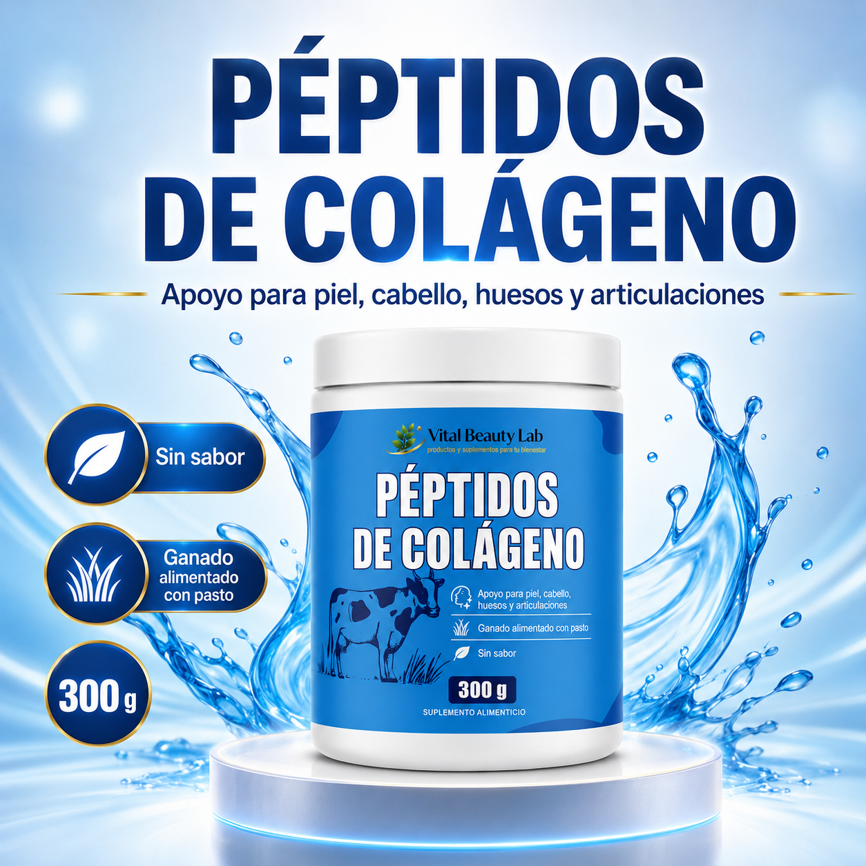 VitalBeautyLab Colágeno Hidrolizado en Polvo 300 g Sin Sabor, Collagen Peptides Grass Fed para Piel, Cabello, Uñas, Huesos y Articulaciones