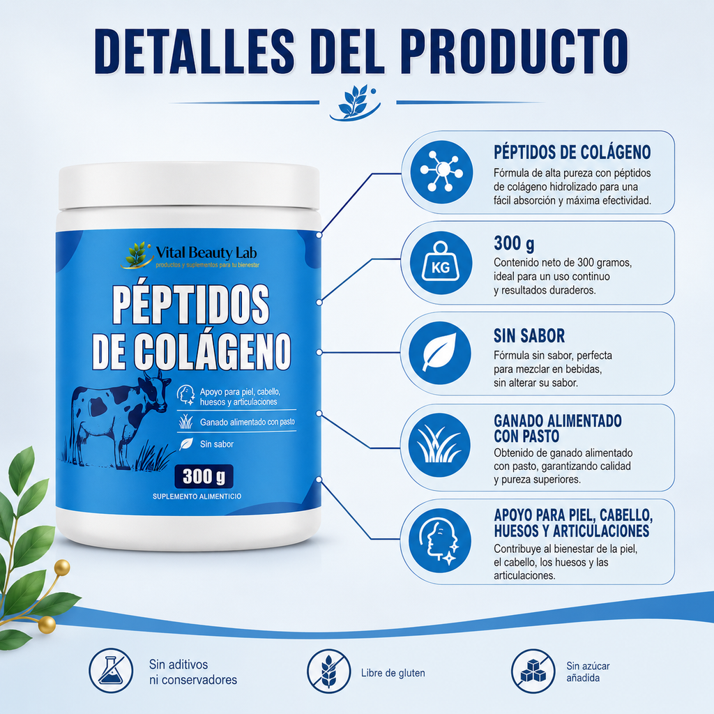 VitalBeautyLab Colágeno Hidrolizado en Polvo 300 g Sin Sabor, Collagen Peptides Grass Fed para Piel, Cabello, Uñas, Huesos y Articulaciones